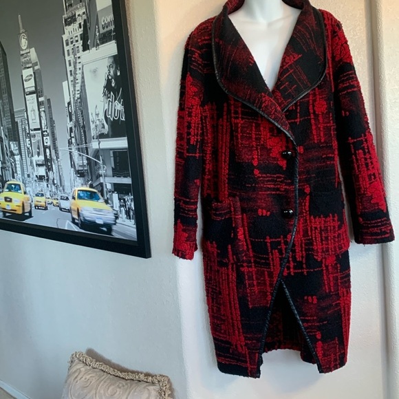 SIMON CHANG wool coat, Red/black great texture shawl collar leather trim 10 EUC - Picture 5 of 17